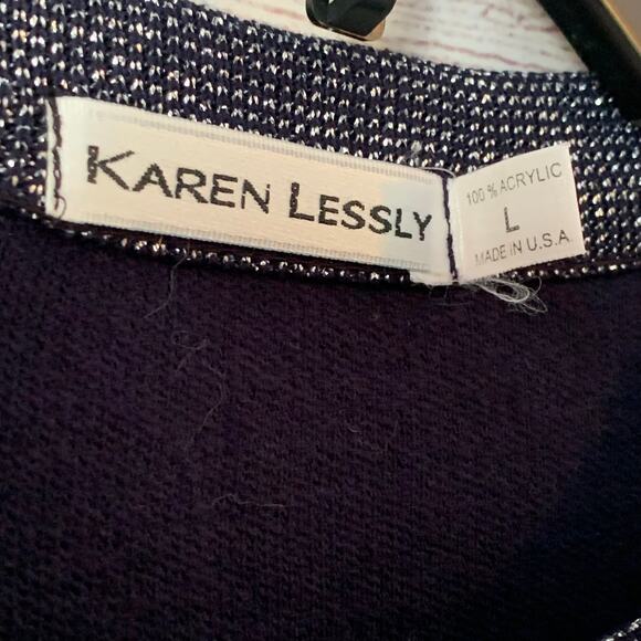 Vintage Karen Lessly Navy Cardigan Silver Metallic Thread and Rose Buttons Large - Picture 9 of 13